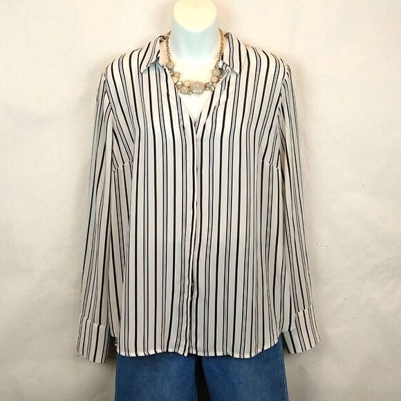 Worthington black/white striped sheer long sleeve button down women's top - Picture 1 of 7